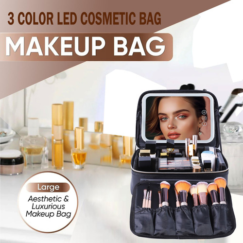 Estuche De Viaje Maquillaje Con Espejo Luz Led Ajustable Color