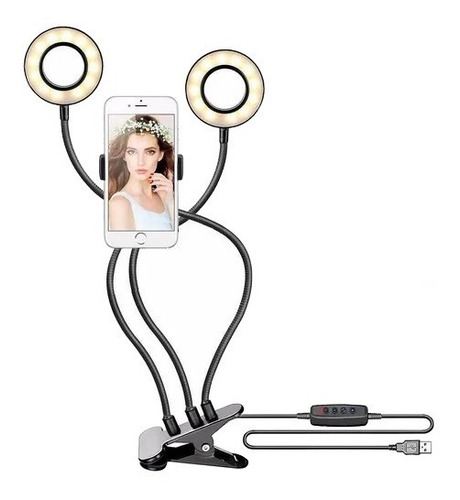 Imagen 1 de 7 de Aro Luz Led Doble Soporte Celular Flexible Pinza Videos