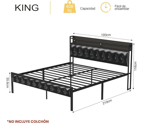 Base Cama King Size Cabecera Puertos Usb Luces Led Control