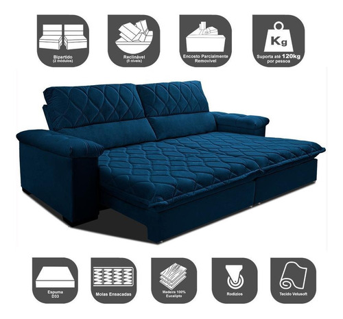 Sofá Retrátil Reclinável 2,15m Cama Inbox Big Home. Velusoft Cor Azul