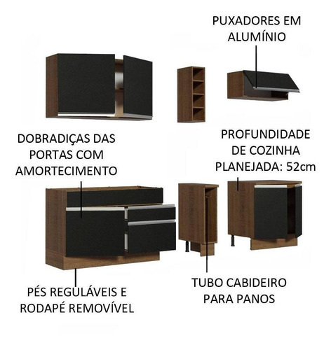 Cozinha Completa Parma Madesa Com Armário E Balcão Rp Cor Rustic/Preto
