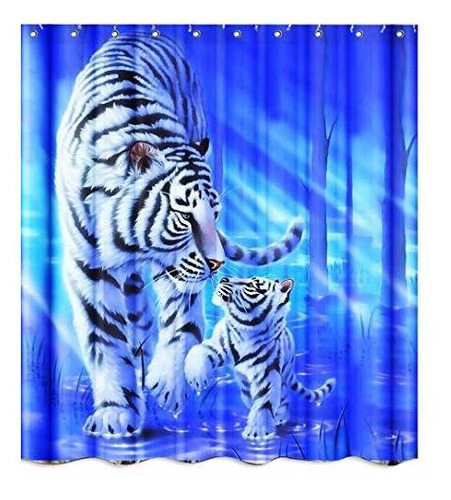 Cortina De Baño Tigre Mamá E Hijo, 71 X 71 Pulgadas, Azul