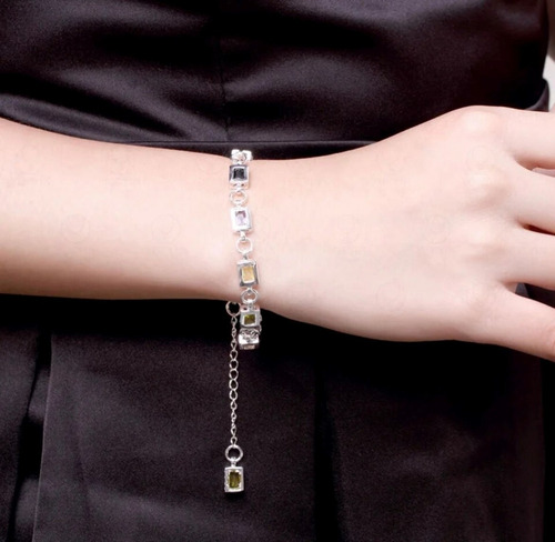 T Pulsera Rectángulos Con Cristales Colores De Plata Ley