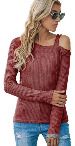 Camiseta De Cuello Diagonal Con Hombros Descubiertos De Moda