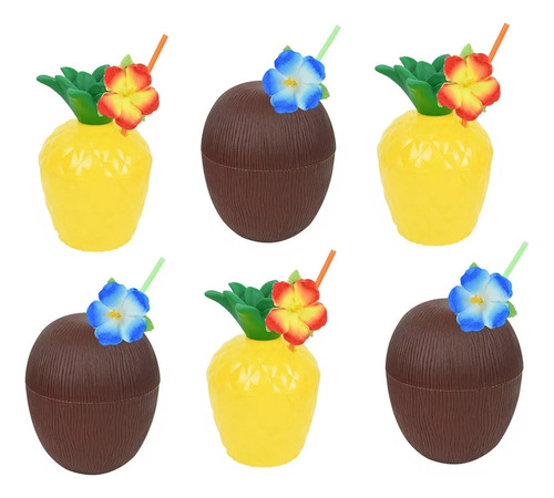 6pcs De Vasos Hawaianos Para Fiestas De Coco Y Piña