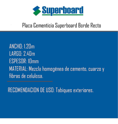 Placa Cementicia Superboard Exterior 10 Mm 1,20 X 2,40