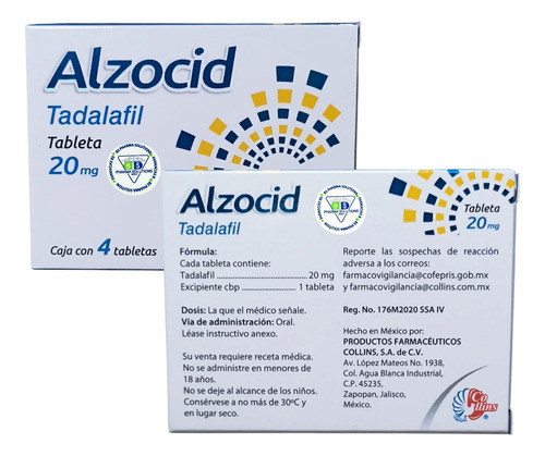 2 Cajas De Alzocid Tadalafil 20mg Caja C/4 Tabletas Collins