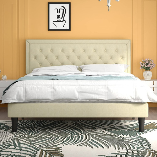 Marco De Cama Moderno Con Plataforma Beige Queen
