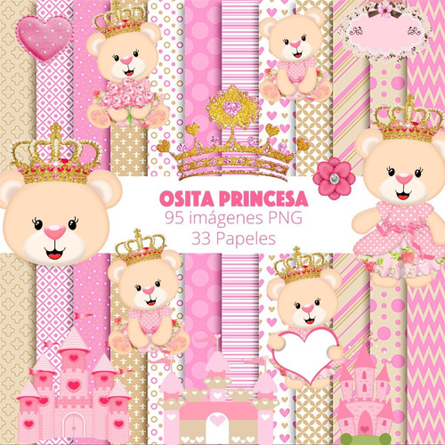 Kit Osita Princesa Corona Cliparts Png + Papeles Fondos