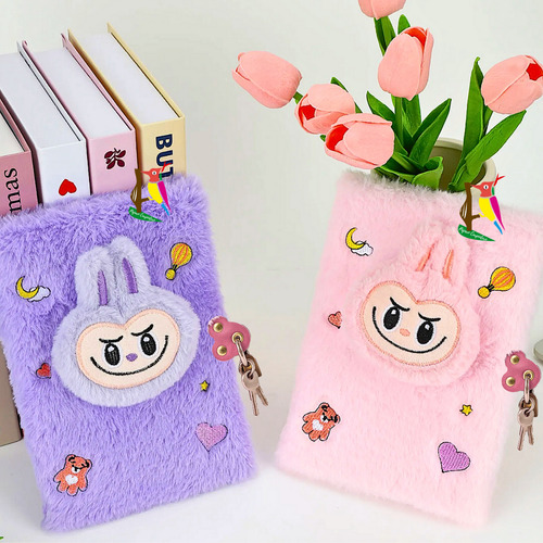 Diario Intimo Peluche + Lapiceras Glitter Candado Y Llaves Violeta Fluffy 2025