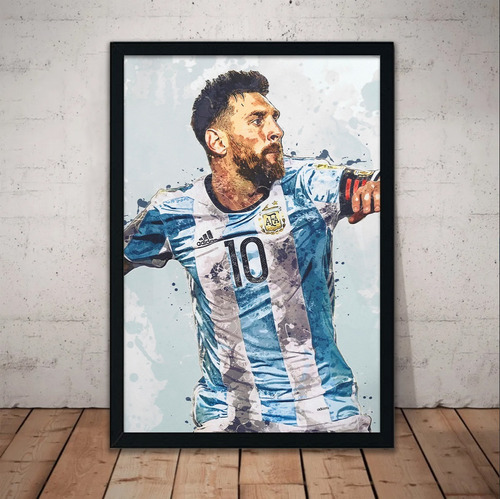 Cuadro Lionel Messi 51x36 Marco Madera Vidrio Poster Lm09