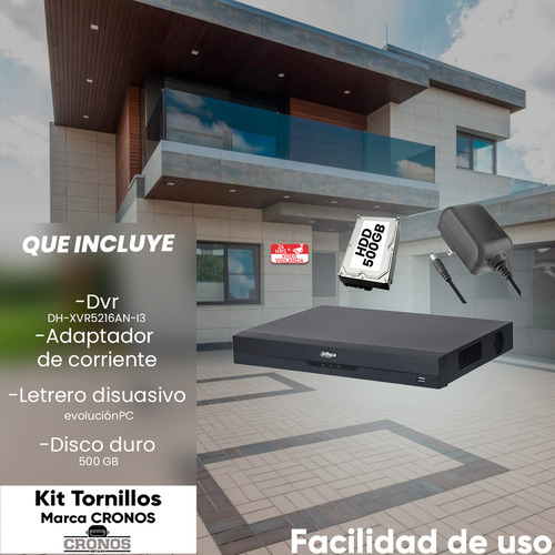 Kit Cronos Dvr Dahua Xvr5216an-p500 16 Ch 5 Mp Lite Wizsense + Hdd 500gb H.265+ 2 Bahías De Discos Duros 16 Ch Hdcvi +8 Canales Ip 2 Ch De Reconocimiento Facial Codificación Ia Xvr5216an Cctv