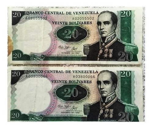 Billete 20 Bs Bolívares Año 1987. Venezuela 