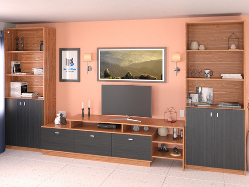 Imagen 2 de 10 de Combo Mesa Rack Tv + 2 Bibliotecas Living Modular Moderno