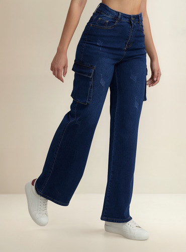 Jeans Cargo Mezclilla Azul Stretch Tiro Alto Pushup Ypd696