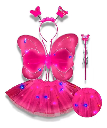 Kit Asa Borboleta C/led Fantasia Diversão Rosa Infantil