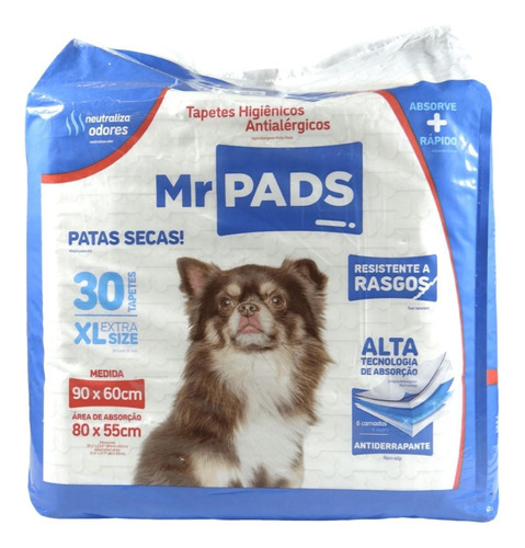 Tapete Higiênico Mr Pads 90x60 Antialérgico Cães 30 Unidades