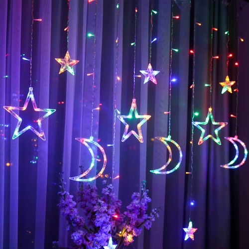 Cortina De Luces Led Estrellas Y Lunas Decorativa Multicolor
