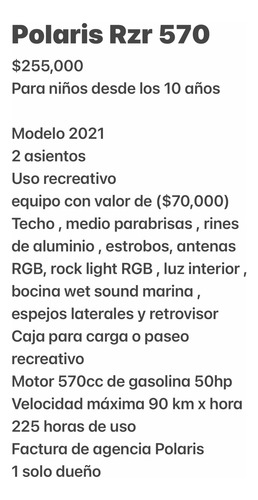 Polaris Rzr 570 Año 2021 2 Plazas 50hp Factura De Agencia