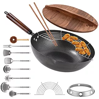 Sartén Wok De Acero Al Carbono, Juego De Wok De 13 Pie...