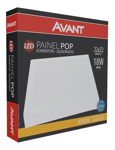 Painel Plafon Led 18w Quadrado Sobrepor Amarelo 22x22 Avant 110V/220V