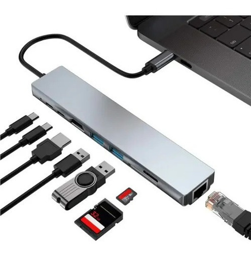 Adaptador Multipuerto Hub Tipo C 8 En 1 Hdmi Rj45 Usb Sd Td