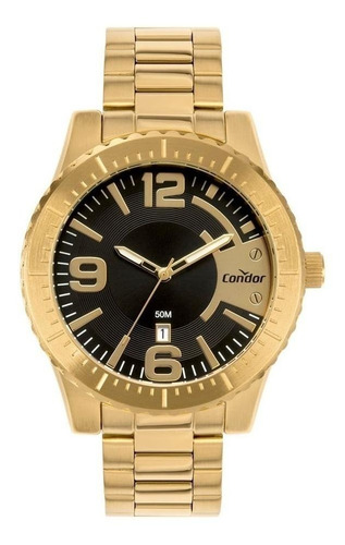 Relógio de pulso Condor Speed CO2115M com corpo dourado,  analógico, para masculino, fundo  preto, com correia de aço cor dourado, agulhas cor dourado e branco, subdials de cor dourado, ponteiro de minutos/segundos prateado, bisel cor dourado e borboleta