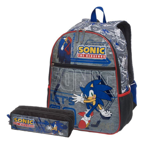 Mochila De Costas Sonic Escolar E Estojo Duplo Infantil