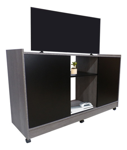 Mueble Credenza Para Tv Con Ruedas Minimalista Color Lombardia / Negro Mate