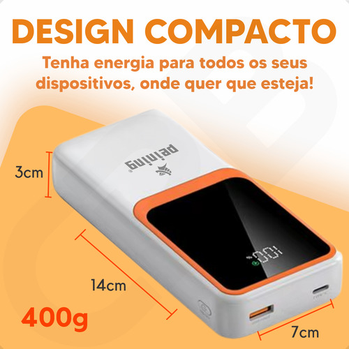 Carregador Portátil Power Bank Turbo 20.000mah Pd 22.5w Com Cabos Embutidos Cor Branco