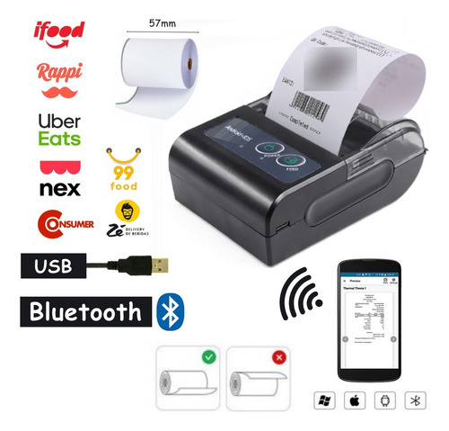 Mini Impressora Bluetooth Termica 58mm + 10 Bobinas Lisa