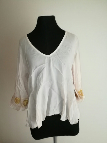 Blusa Camisa Remera Mujer Beige Bordada Talle M .impecable