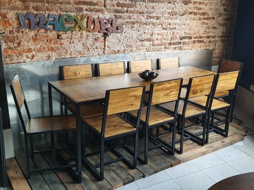Imagen 3 de 4 de Mesa Hierro Y Madera 210x90 + 10 Sillas Industrial Laqueado