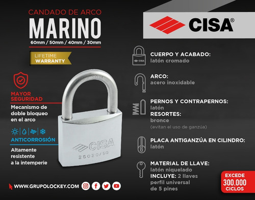 Imagen 8 de 10 de Candado De Intemperie Marino 40mm Con 2 Llaves Cisa