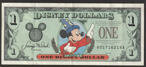 U.s.a Antiga Cédula De 1 Disney Dollar Mickey Ano 1997 Mbc 