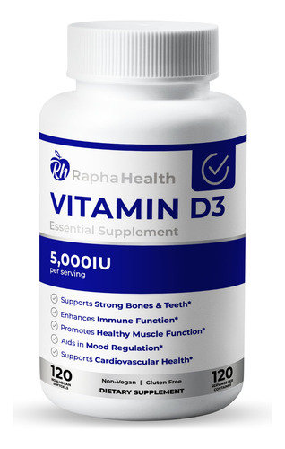 Rapha Health Vitamina D3 5000 Ui Alta Potencia 120 Cápsulas