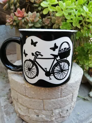 Taza Grabada Para Café De Bicicleta Negra Brillante 15 Oz