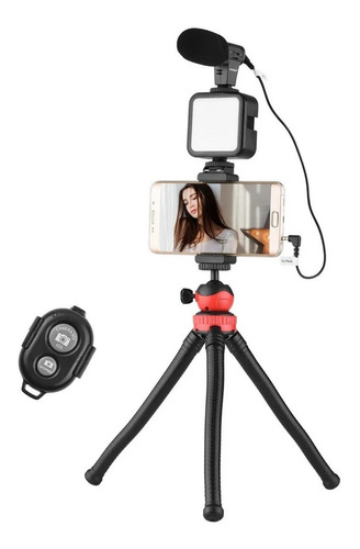 Kit Vlogging Equipamento Para Smartphone Tripé Flexivel Cor Preto