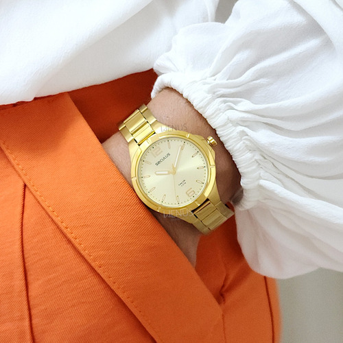 Relógio Seculus Feminino Long Lifeoriginal Pulso Correia Dourado Bisel Dourado Fundo Bege