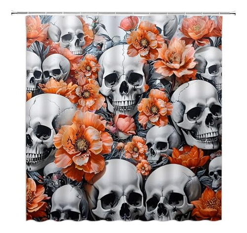 Cortina De Ducha Gótica Con Calavera Y Flores Naranjas