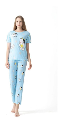 Conjunto Polera Manga Corta Con Pantalón Pijama Mujer 3color