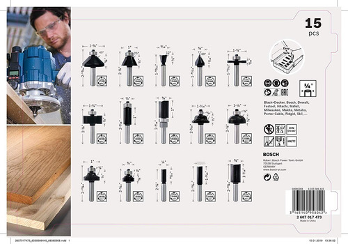 Imagen 2 de 9 de Juego De Fresas Para Router Bosch 15 Unid 1/4 Para Madera