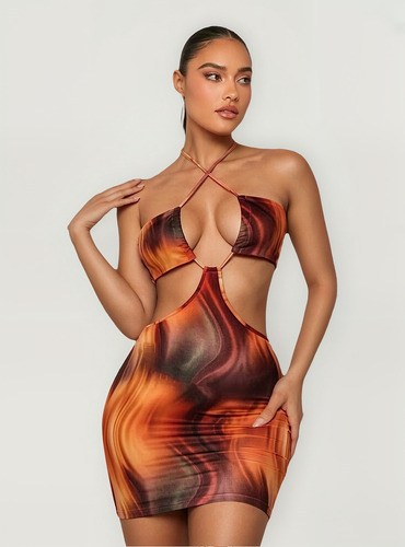 Vestido Corto Estampa Batik Naranja Sexy Verano Importado