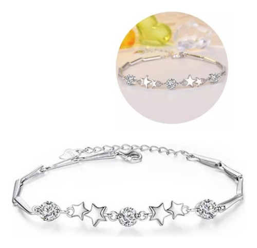 Pulsera Plata 925 Ajustable Estrellas Circón En Oro Blanco