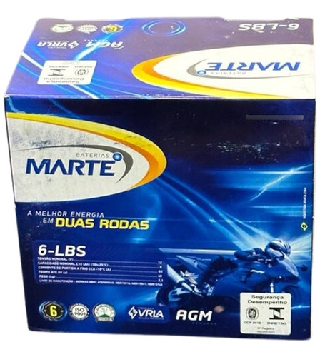 Bateria Moto Marte 6 Ah Titan 150 Mix 2009 Até 2011