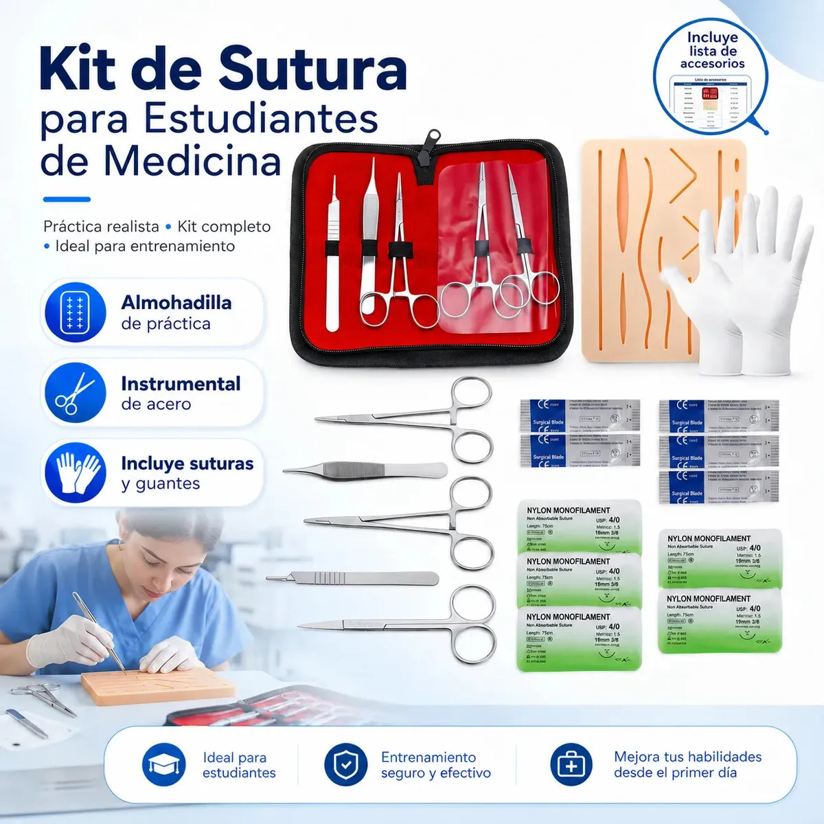 Kit De Suturas y Practica sutura, Para Estudiantes De Medicina, Enfermería Veterinaria, Modelos anatomicos, Kit De Sutura Con Pad De Sutura, De Silicona Instrumental Quirúrgico, 19