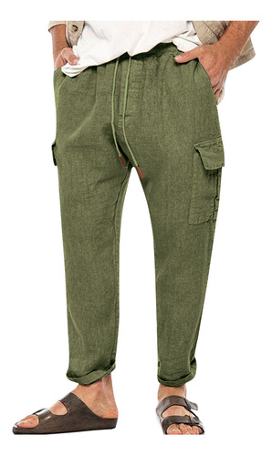 Pantalones C Para Hombre, De Algodón Y Lino, Con Cordón Elás