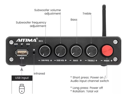 Amplificador Aiyima B01 2.1 200w Bluetooth Subwoofer Aux Rca Preto 200 W