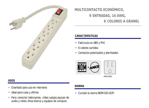 2 Pz Extensión Multicontacto Navideño 6 Entradas, 6 Colores.