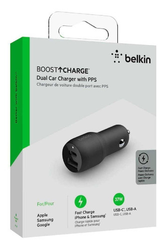 Carregador Veicular Belkin Boost Charge 37w Usb-c + Usb-a Cor Preto